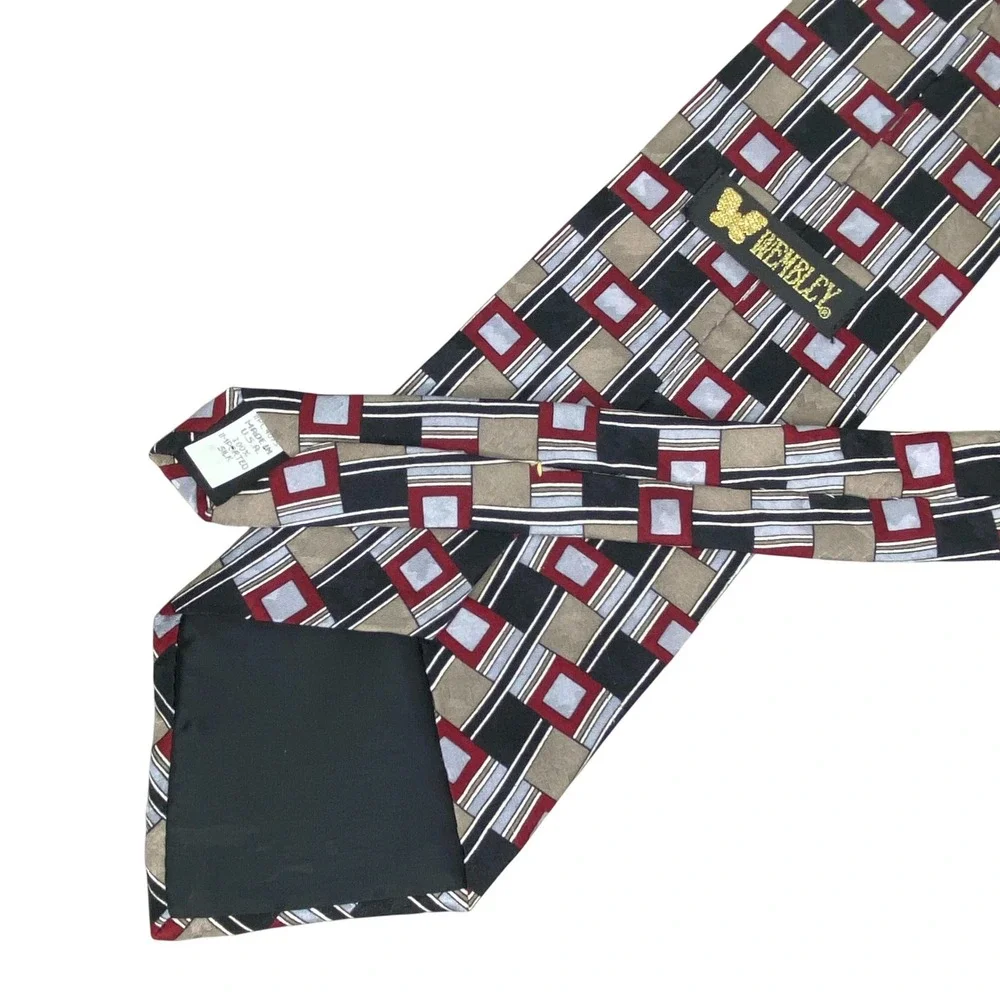VTG Wembley‎ Necktie Mens OS Geometric Silk Red Black Grey Tan Minimalist 57x4